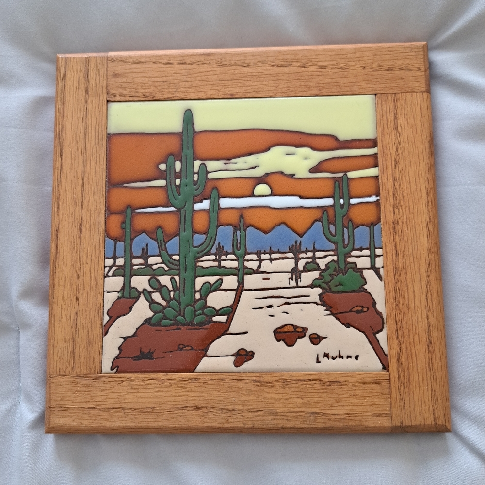 Vintage Earthtones 1990 Ceramic Pottery Tile With Wood Frame/Trivet